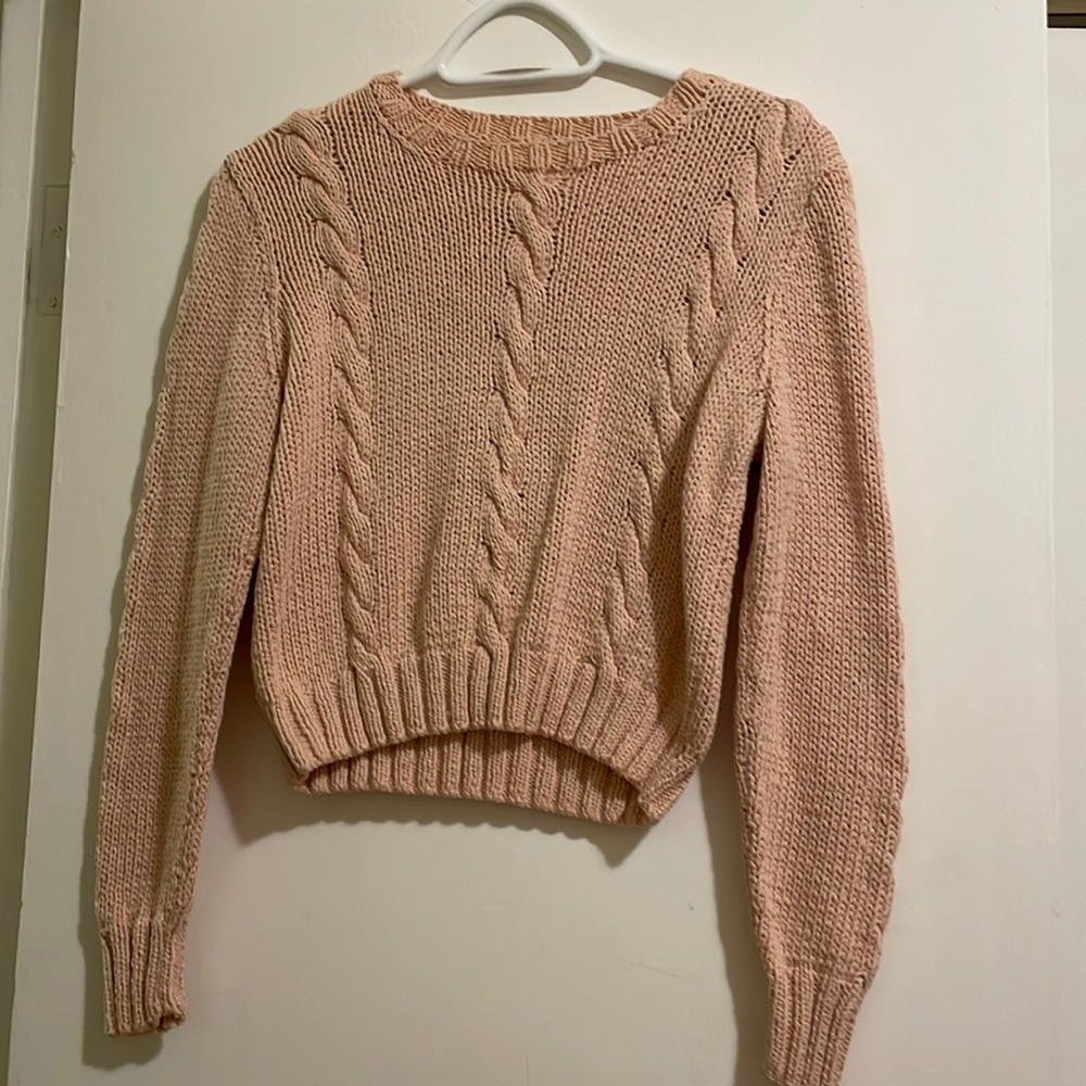 HANDKNIT blush pink cable knit cropped sweater M